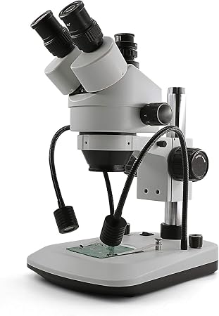 Swift S7-TGL-CA05 Trinocular Stereo Microscope, 7X-45X Zoom, WF10X Eyepieces, Gooseneck & Transmitted LED Lights, Pillar Stand, 110V