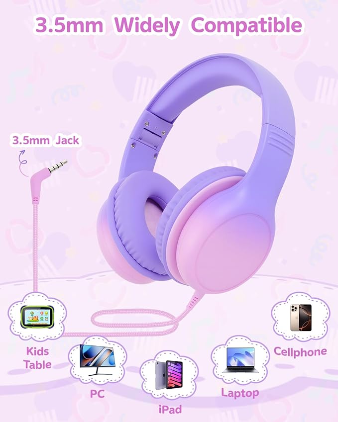 Over Ear Kids Headphones with HD Mic, Safe Volume Limited Wired Headphones for School, Travel, Stereo Sound Headphones with Cord, Foldable 3.5mm Headphones for iPad, Laptop, PC, Purple-Pink