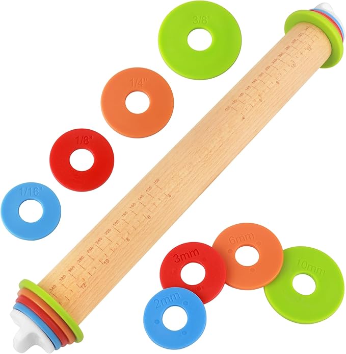 Wood Rolling Pin with Thickness Rings, Adjustable Wooden Rolling Pins for Baking, Adjustable Rolling Pins for Baking, Stainless Steel Rolling Pin with Thickness Rings, Metal Dough Roller for Fondant
