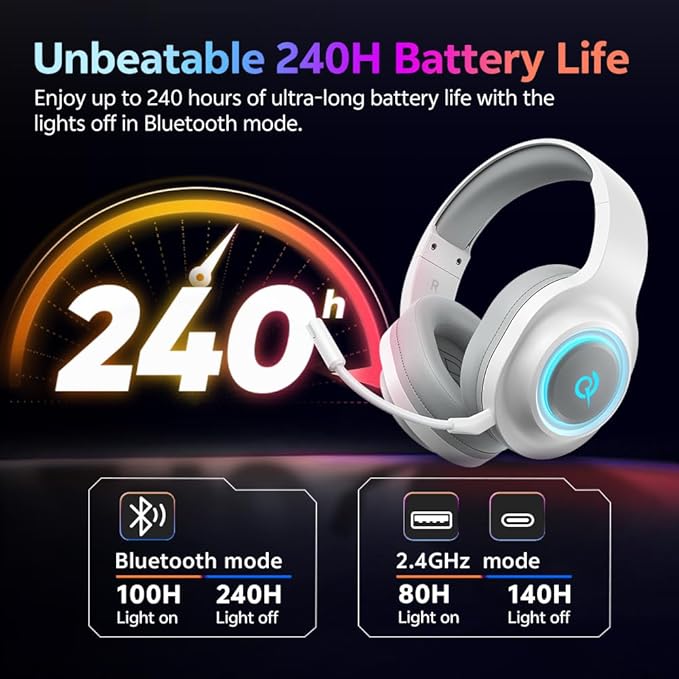 QCY Gaming Headset for PC/PS5/PS4/Switch, HEROAD V200 Over Ear Headphones, USB-C, 240Hr Battery, 7.1 Surround Sound, 2.4GHz Wireless Headphones for Multi-Platform, Bluetooth 6.0