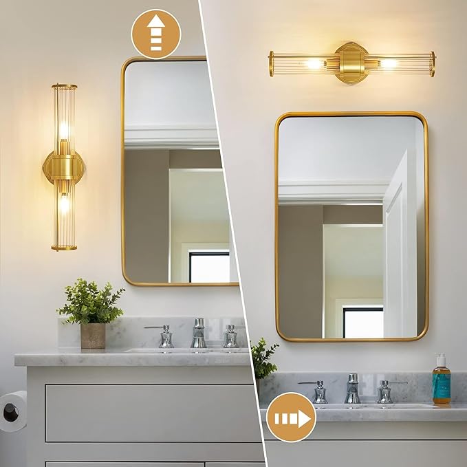 Gold Wall Sconces Set of Two - Modern Bathroom Sconce Indoor Industrial Wall Sconce Vanity Light Wall Light Up and Down Wall Mount Lamp for Bathroom Bedroom (Without Bulb)