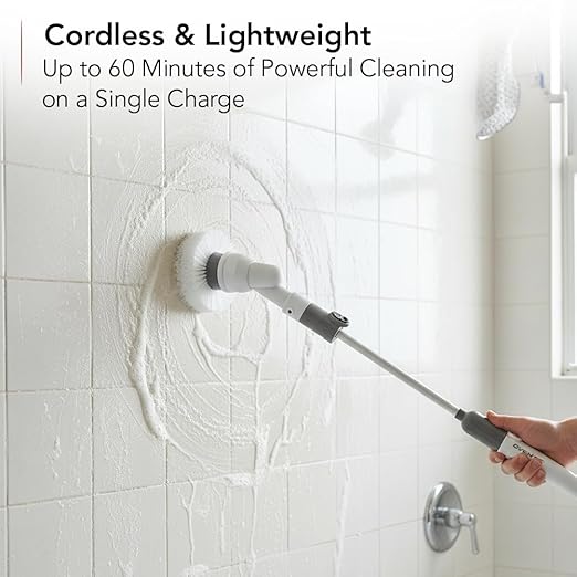 OVENTE Electric Spin Scrubber, Cordless Power Scrubber with 3 Brush Head, Adjustable Extension Handle, Waterproof Perfect for Cleaning Toilet, Shower, Bathroom Tub and Tile Floor, White CTB123WGY