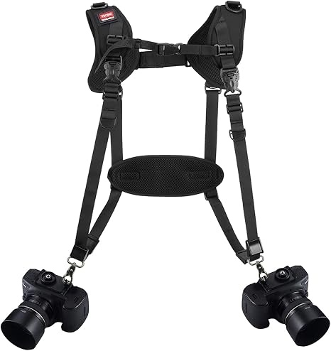 Quick Release Dual Camera Harness With Camera Safety Tether– Double Shoulder Camera Strap for 2 Cameras – Adjustable Length, Camera Straps for Photographers Camera Belt for DSLR SLR Camera (Style-A)