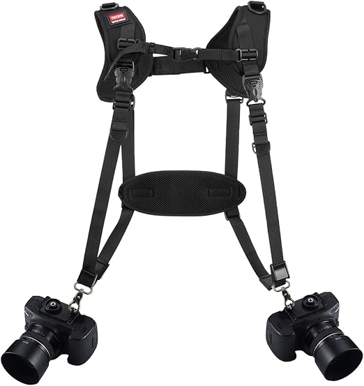 Quick Release Dual Camera Harness With Camera Safety Tether– Double Shoulder Camera Strap for 2 Cameras – Adjustable Length, Camera Straps for Photographers Camera Belt for DSLR SLR Camera (Style-A)
