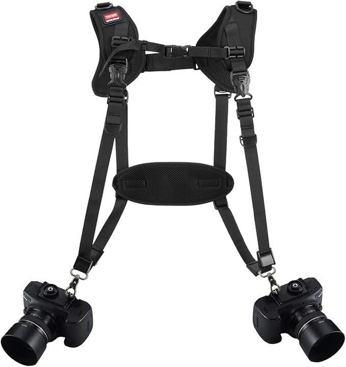 Quick Release Dual Camera Harness With Camera Safety Tether– Double Shoulder Camera Strap for 2 Cameras – Adjustable Length, Camera Straps for Photographers Camera Belt for DSLR SLR Camera (Style-A)