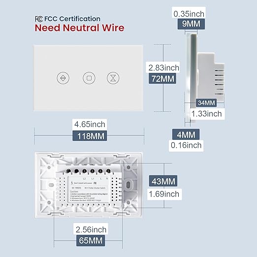 Smart Roller Shutter Switch Neutral Wire Required,2.4GHz WiFi Roller Shutter Switch with Remote Voice Control, Tempered Glass Panel, Work with Alexa and Google Home, White WiFi-Roller Shutter