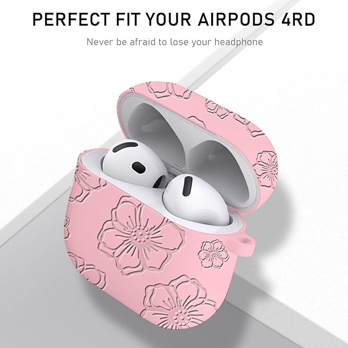 Maxjoy for Apple Airpods 4th Generation Case Cover(2024), Silicone Case with Cleaner Kit & Keychain Compatible Compatible with Airpods 4 case for Women,Men(Pink Flowers)