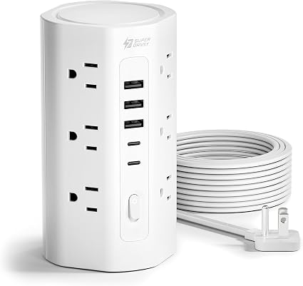 10Ft Tower Power Strip, Long Extension Cord, Flat Plug, 1700J, 12 AC 5 USB