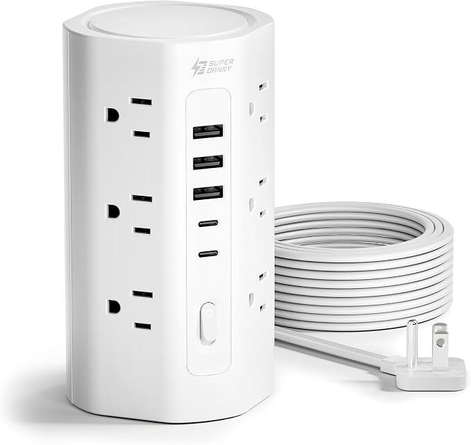 10Ft Tower Power Strip, Long Extension Cord, Flat Plug, 1700J, 12 AC 5 USB
