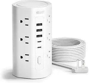 10Ft Tower Power Strip, Long Extension Cord, Flat Plug, 1700J, 12 AC 5 USB