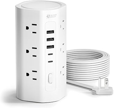 10Ft Tower Power Strip, Long Extension Cord, Flat Plug, 1700J, 12 AC 5 USB