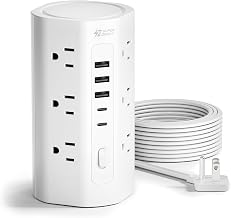 10Ft Tower Power Strip, Long Extension Cord, Flat Plug, 1700J, 12 AC 5 USB - Image 1