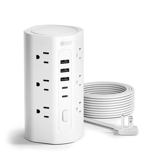 10Ft Tower Power Strip, Long Extension Cord, Flat Plug, 1700J, 12 AC 5 USB