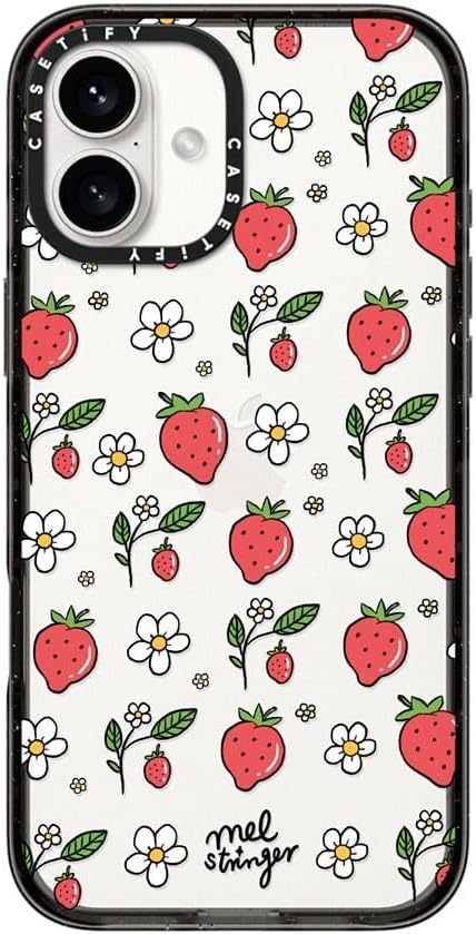 CASETiFY Impact Case for iPhone 16 Plus [Slim / 8.2 ft. 4X Military Grade Drop Protection/Wireless Charging Compatible] - Strawberry Summer - Clear Black