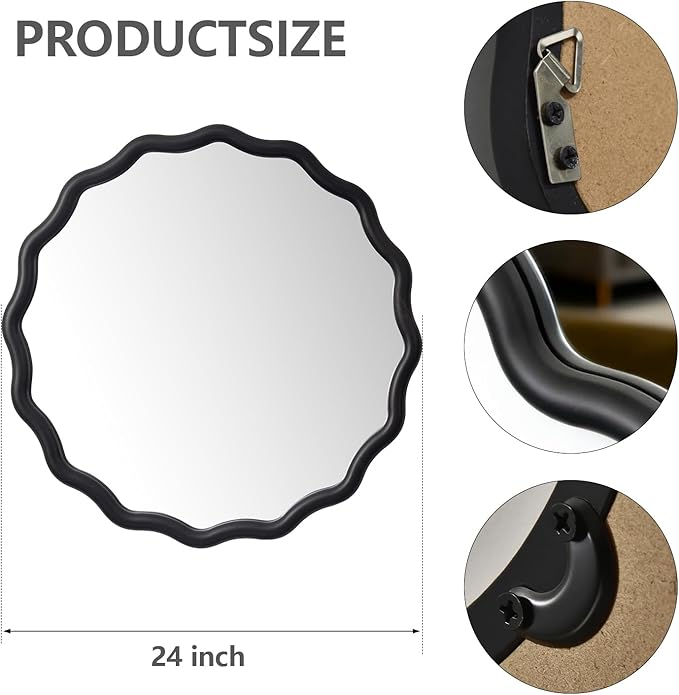 Circle Scalloped Mirror for Wall 24" Round Wavy Wooden Frame Vanity Mirror Hanging for Bedroom, Living Room, Hallway, Entryway, Home Decor Black