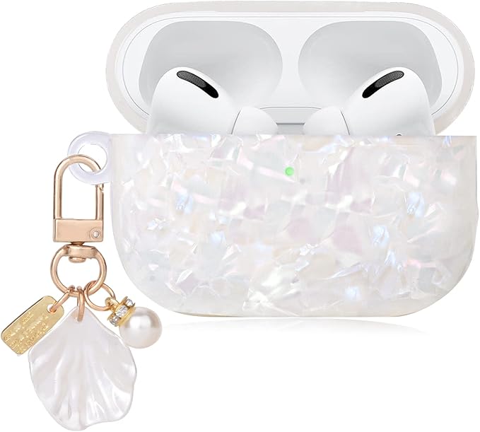 Cute AirPod Pro 2 Case with Shell Pearl Keychain Bling Marble Design Hard TPU Cover Compatible with AirPods Pro 2nd Generation 2022 Case for Women and Girls