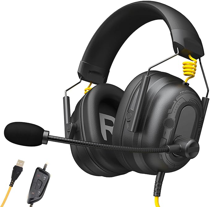VBESTLIFE Wired USB Gaming Headset, Advanced 7.1 Surround Sound, AI Noise Reduction Microphone, Control Box, Lightweight Over Ear Wired Headphones for Gaming (Black)