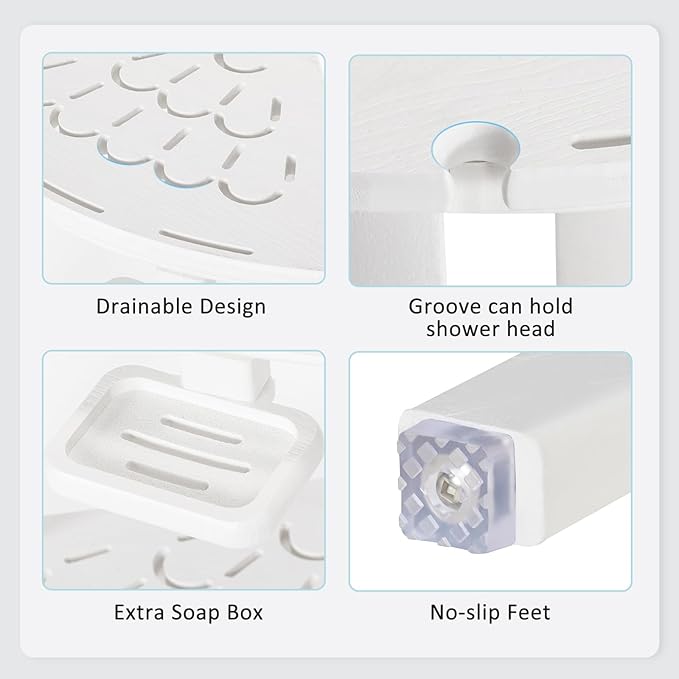NALONE Corner Shower Stool, HDPE Shower Bench for Inside Shower, Small Shower Chair Seat for Shaving Legs with Storage Shelf, Soap Box and No-Slip Feet (White)