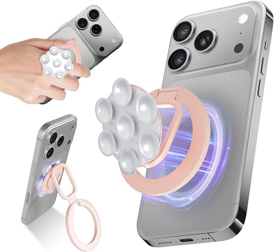4 in 1 Sticky Phone Grip Holder for Magsafe,Double Sided/Suction Cup Case Mount,Magnetic Phone Stand for iPhone 17/16/15/14/13/12 Pro Max,Vacuum Ring Holder for Kindle/Android/Tiktok Content Creator