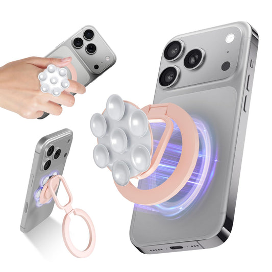 4 in 1 Sticky Phone Grip Holder for Magsafe,Double Sided/Suction Cup Case Mount,Magnetic Phone Stand for iPhone 17/16/15/14/13/12 Pro Max,Vacuum Ring Holder for Kindle/Android/Tiktok Content Creator