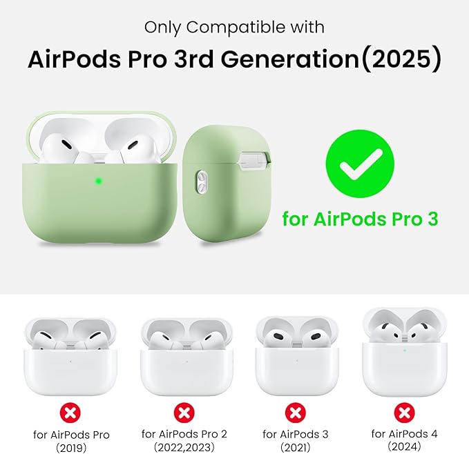 ORNARTO Compatible with AirPods Pro 3 Case 2025, Full Protective Hybrid Silicone for AirPods Pro 3rd Generation Case, Front LED Visible Skin Cover-Matcha