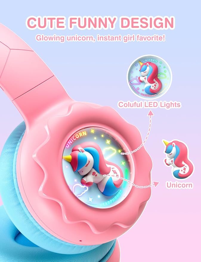 Kids Bluetooth Headphones, Rainbow LED Light, Unicorn Buddy, 85dB Volume Limited, 60 Hours Playtime, Bluetooth 5.3, USB C, Kids Wireless Headphones for iPad/Tablet/Travel/School, Durable