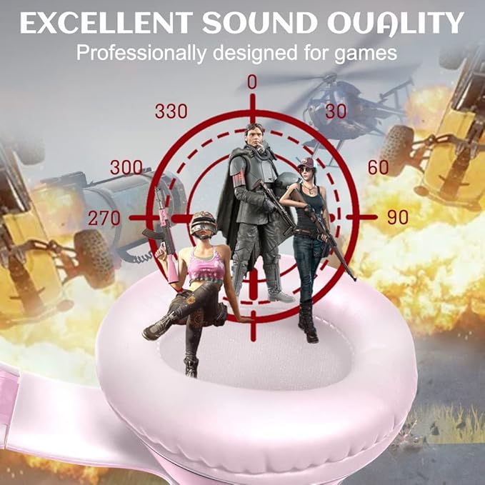 Cat Ear Gaming Headphones Wired AUX 3.5mm with LED Light, VIGROS Flashing Stereo Game Headphones Surround Sound Over-Ear Headsets with Microphone Fit Kids & Adult for PC, PS4, Switch, Mobile, Laptop