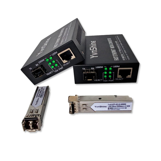 YvnShineGigabit Fiber Media Converter 2-Pack, MultiMode LC to RJ45 | Includes 2X 1.25G SFP Modules (850nm, 550m), 10/100/1000Base-Tx to 1000Base-SX Network Extension Kit