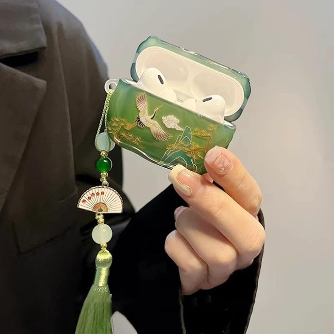 Compatible with AirPods Pro 3 Case Soft with Cleaner Kit Keychain Cute Lucky Elegant Crane Cover for Girls Women Airpods Pro 3rd Generation(2025) -Green