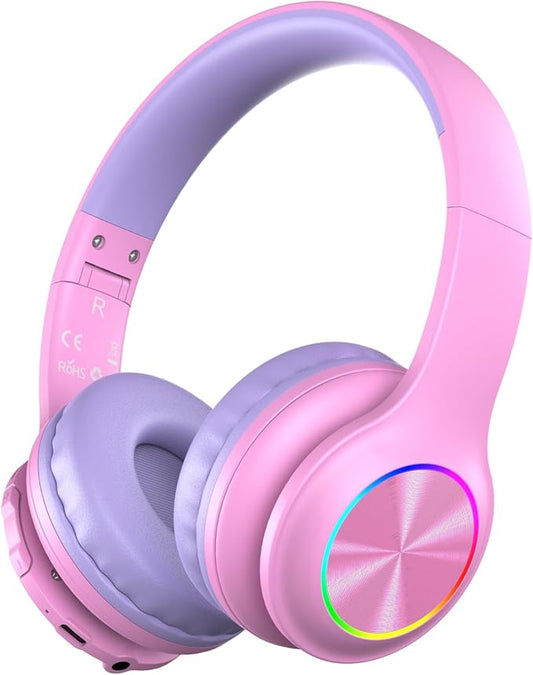 Kids Bluetooth 6.0 Headphones with LED Light, 85Hours Playtimes, Type-C Fast Charging, 85/94dB Volume Limited, Comfort Wireless Headphones with Built-in Mic, Wired & TF Card Mode, Pink