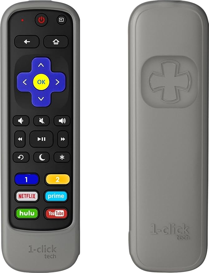 [w/Cover] 1-clicktech New Remote for Roku TV w/6 Customizable HotKeys, for TCL Hisense Onn Sharp Sanyo Hitachi Element Insignia Westinghouse Magnavox LG Roku TV, Roku Box (Remote + Grey Cover)