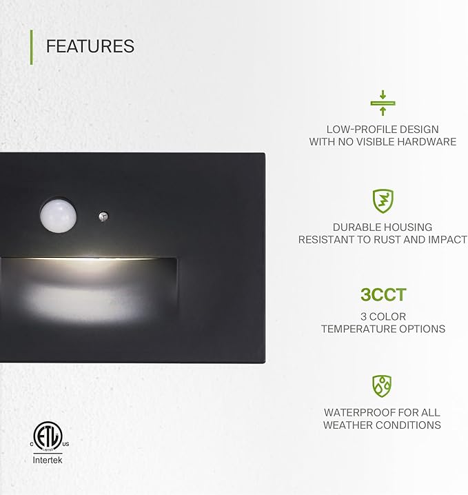 ASD LED Recessed Step Light Fixture, Dusk to Dawn Outdoor Tread Lighting | 3CCT, Motion Sensor, Photocell, Waterproof, ETL Listed | 3W 120LM 3000K-5000K 120V | Staircase Illumination | Black, 4 Pack
