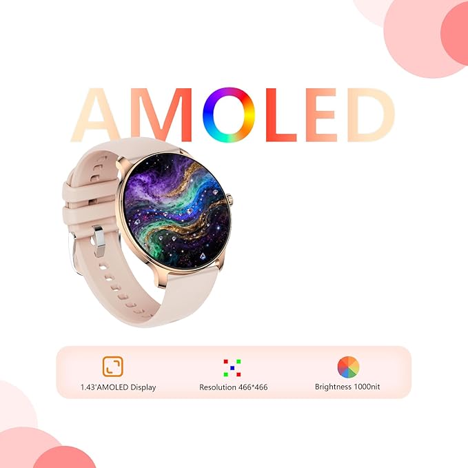 1.43” Women's Smart Watch, AMOLED Display, Work with Android/iPhone, Waterproof IP68, Long Battery Life, Fitness & Health Tracker, Heart Rate Monitor, Step Counter, Track Your Workout, Run and More