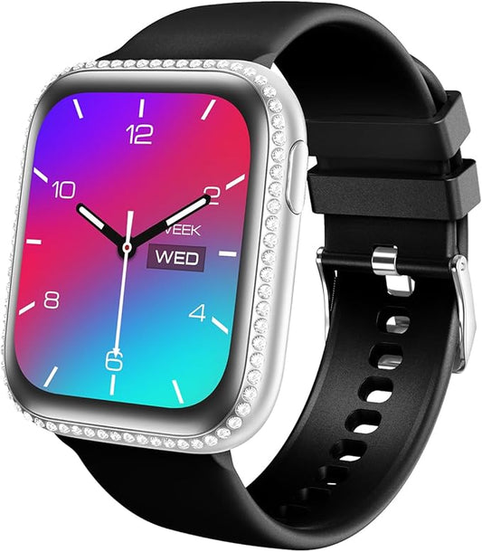 Smart Watch for Women, 1.75" AMOLED Fitness Tracker for Android iOS, Answer/Make Call with Heart Rate Sleep Monitor 130+ Sports Mode, IP68 Waterproof Smartwatch (Black Band with Silver Watch)