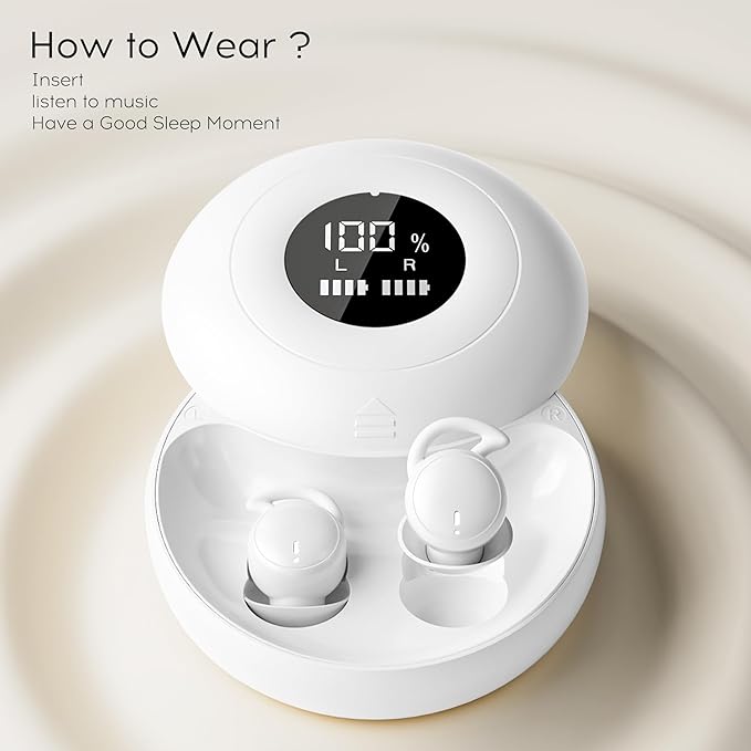 sunvito Sleep Earbuds Bluetooth 6.0, Mini Invisible Silicone Sleep Earbuds for Side Sleepers, Noise Blocking Sleeping Headphones, Hidden Earbuds with LED Display for Small Ears, Sleep & Relax (White)