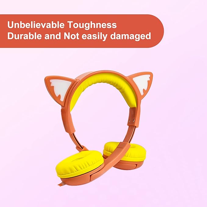 Olyre Kids Headphones, Safe 85db Volume Control Light Up Cat Ear Headphones with Sharing Port for Classroom/Travel/Homeschool, Sparkling Birthday Gifts for Girls & Boys - Orange
