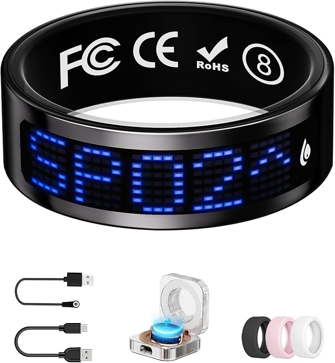 Smart Ring for Women & Men with Display, Health Ring with Heart Rate, Sleep Monitor, IP68 Waterproof Fitness Ring, Fitness Tracker Ring, No APP Fee for iPhone and Android (Black, 8#)
