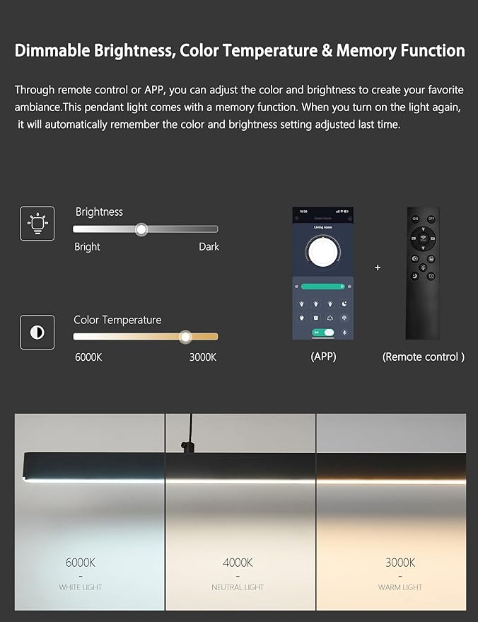 Modern Black Linear Pendant Lights Kitchen Island Lighting Minimalist Led Chandeliers Pool Table Light Dimmable Ceiling Hanging Light Fixture Dining Room with Remote Control (59in)
