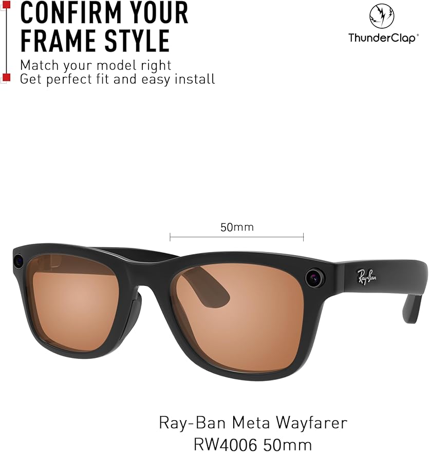 ThunderClap POLARIZED Replacement Lenses Compatible with Ray-Ban Meta Wayfarer RW4006 50mm | RW4008 53mm Smart Glasses