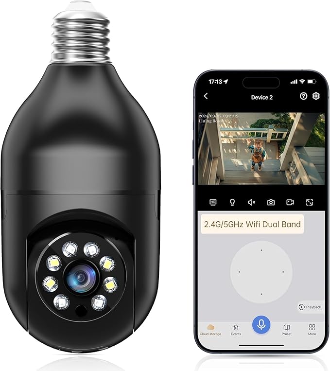 WESECUU Light Bulb Security Camera, 360° WiFi Bulb Camera Indoor/Outdoor, Motion Tracking, AI Detection Alerts, Two-Way Audio, Easy Install, Camera Light Bulb for Home Security (White 2PACK) (8040)