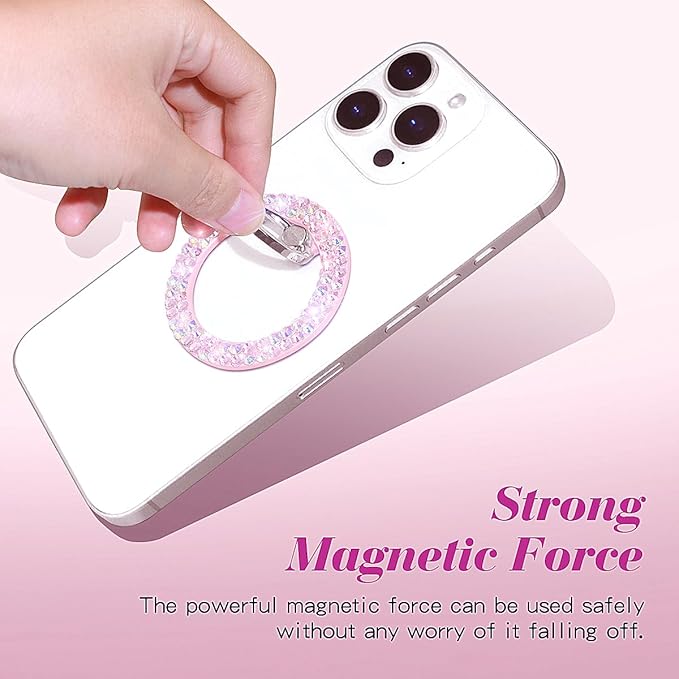 Bling Magnetic Phone Ring Holder for Mag-Safe, Glitter Magnet Cell Phone Grip Stand Sparkle Finger Ring Magnetic Compatible with iPhone 16 Pro Max 15 14 13 12 Mag-Safe Accessories（Pink）