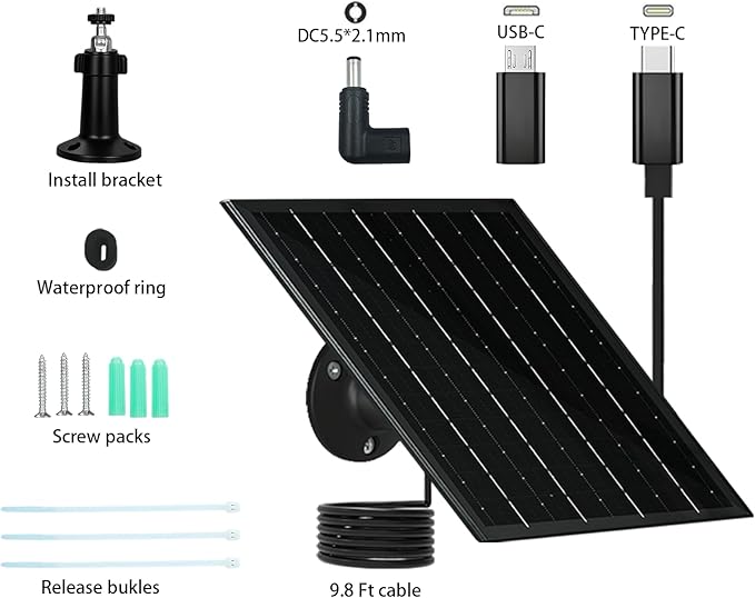 Solar Panel for Security Camera 5V 6W USB Solar Panel Charger Type-C Port、Micro USB Port＆DC Port Solar Sanels for Cameras with 9.8ft Charging Cable Charging Power IP65 Waterproof (2 Pack Black)