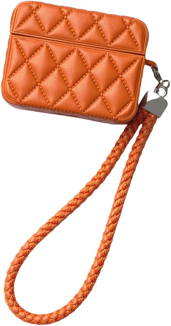 Earphone Case for AirPods Pro, Elegant Classical Diamond PU Leather Surface Earphone Case Soft Silicone Case, AirPods Pro Cover Protective Case Skin Protector for Earbuds +Lanyard-Orange