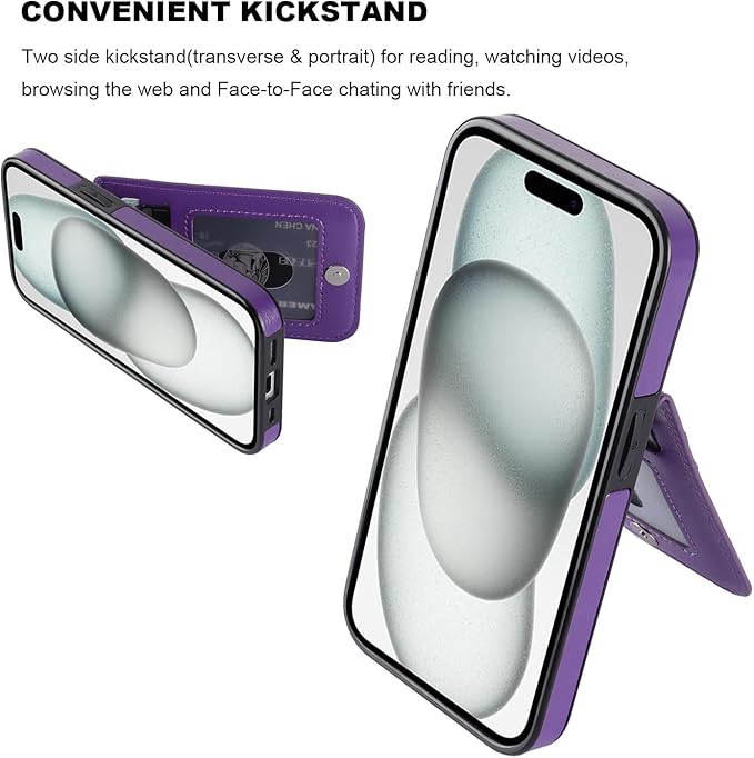 KIHUWEY Compatible with iPhone 15 Case Wallet with Credit Card Holder, Flip Premium Leather Magnetic Clasp Kickstand Heavy Duty Protective Cover for iPhone 15 6.1 Inch (Dark Purple)