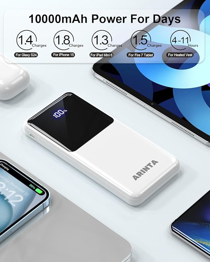 Power Bank Portable Charger 10000mAh PD 22.5W, Slim Battery Pack with LED Display & USB-C Input/Output, Compatible for Smartphones, Tablets,Travel Essentials. (White)