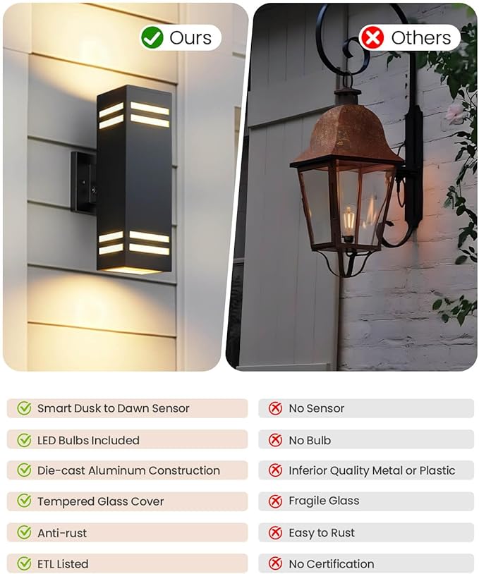 SHIMR Dusk to Dawn Outdoor Light Fixture, Modern Outdoor Wall Lights with LED Bulbs Includes, Aluminum Anti-Rust Sconce Up and Down Outside Lights for House Porch Garage Patio [ETL Listed]