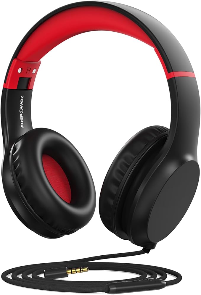 FosPower Kids Headphones with 3.5mm Laced Cables, Children & Teens Over The Ear Foldable Adjustable Headset w/Built-in Mic for Smartphones/PC/Tablet/Laptop/School (Max Volume 85dB) - Black/Red