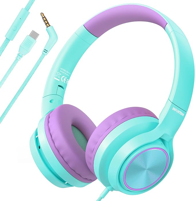 Kids Headphones with 3.5mm & USB C Wired Headphones, USB C Headphones Kids for School, Lightweight On-Ear Headphones Built-in Mic and Safe Volume Limited for Classroom/Girls/Boys/Travel/Tablets(Green)
