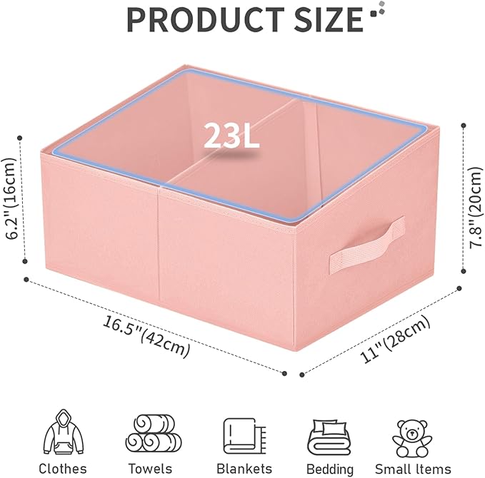 DIMJ Large Closet Shelf Organizer Bins 6 Packs with Handles and Divider, Fabric Trapezoid Storage Baskets, Foldable Clothes Containers Box for Shelf, Towel, Book, Toy, Purse, Hats, Pink