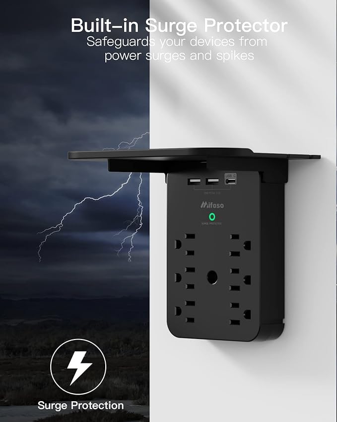 Wall Outlet Extender - Surge Protector 6 AC Outlets Multi Plug Outlet with Shelf, 2 USB and USB C Charging Ports Wall Plug Expander, USB Wall Charger Outlet Splitter for Home (Black)